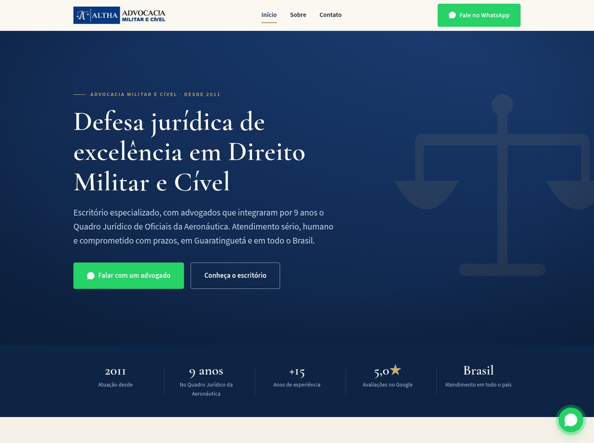 Site da Altha Advocacia, escritório de direito militar e cível, criado pela Lawyer Up